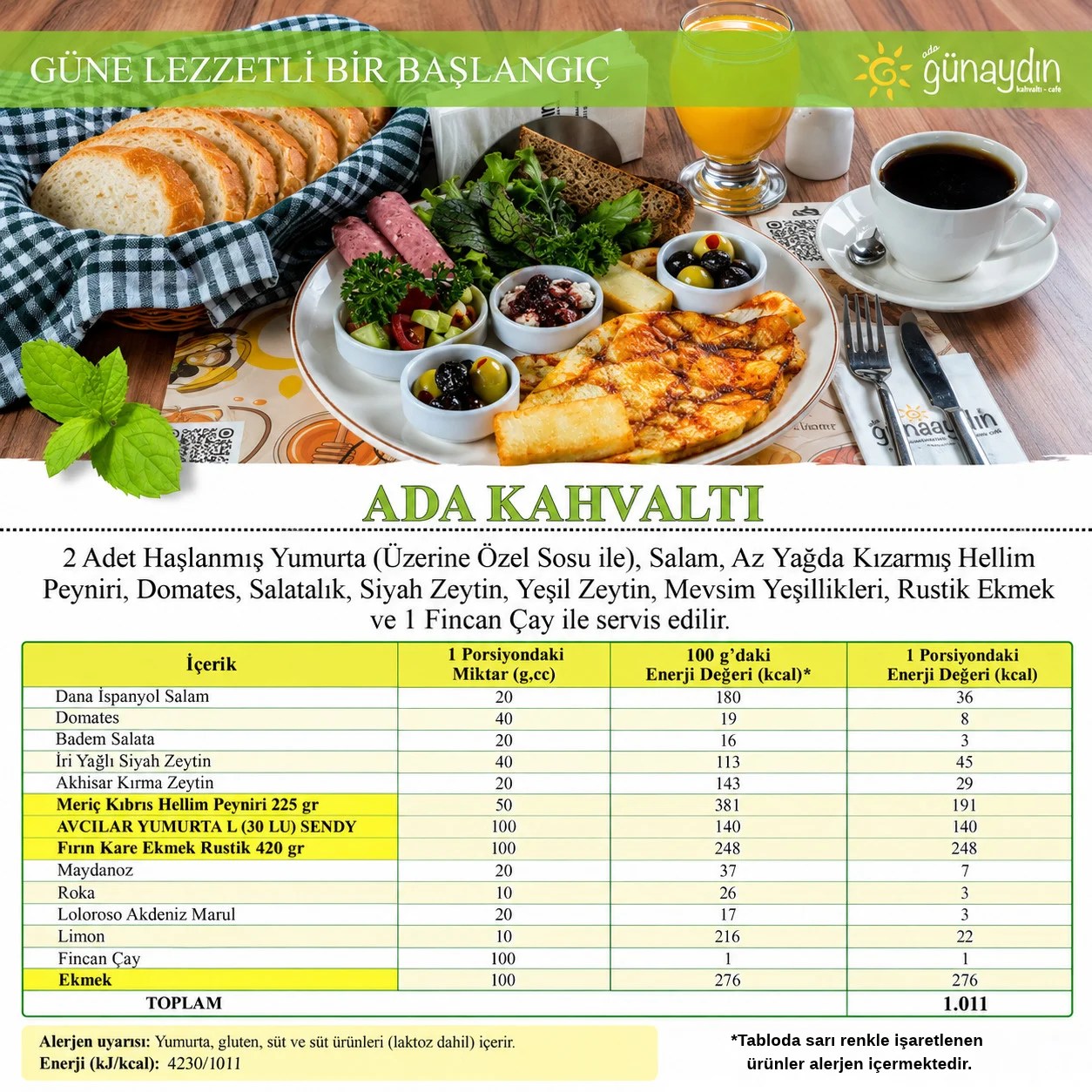 Ada Kahvaltı içerik ve kalori tablosu