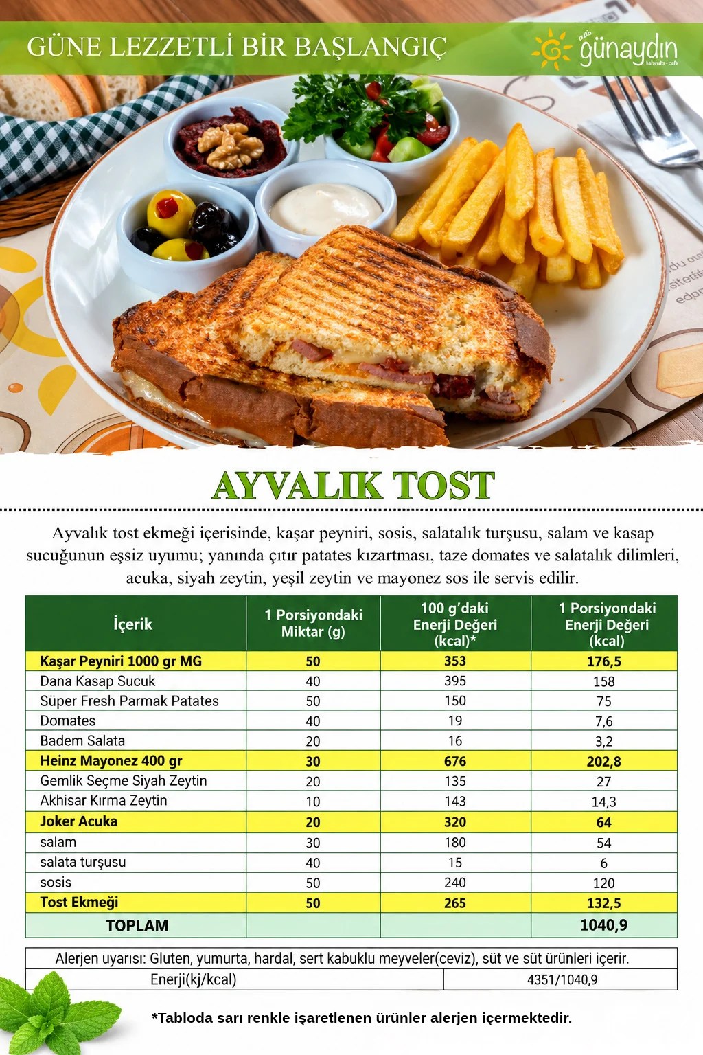 Ayvalık Tost içerik ve kalori tablosu