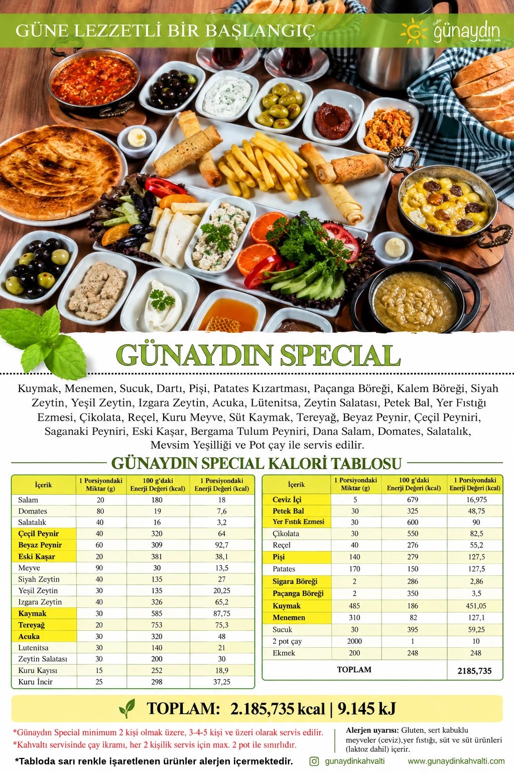 Günaydın Special içerik ve kalori tablosu