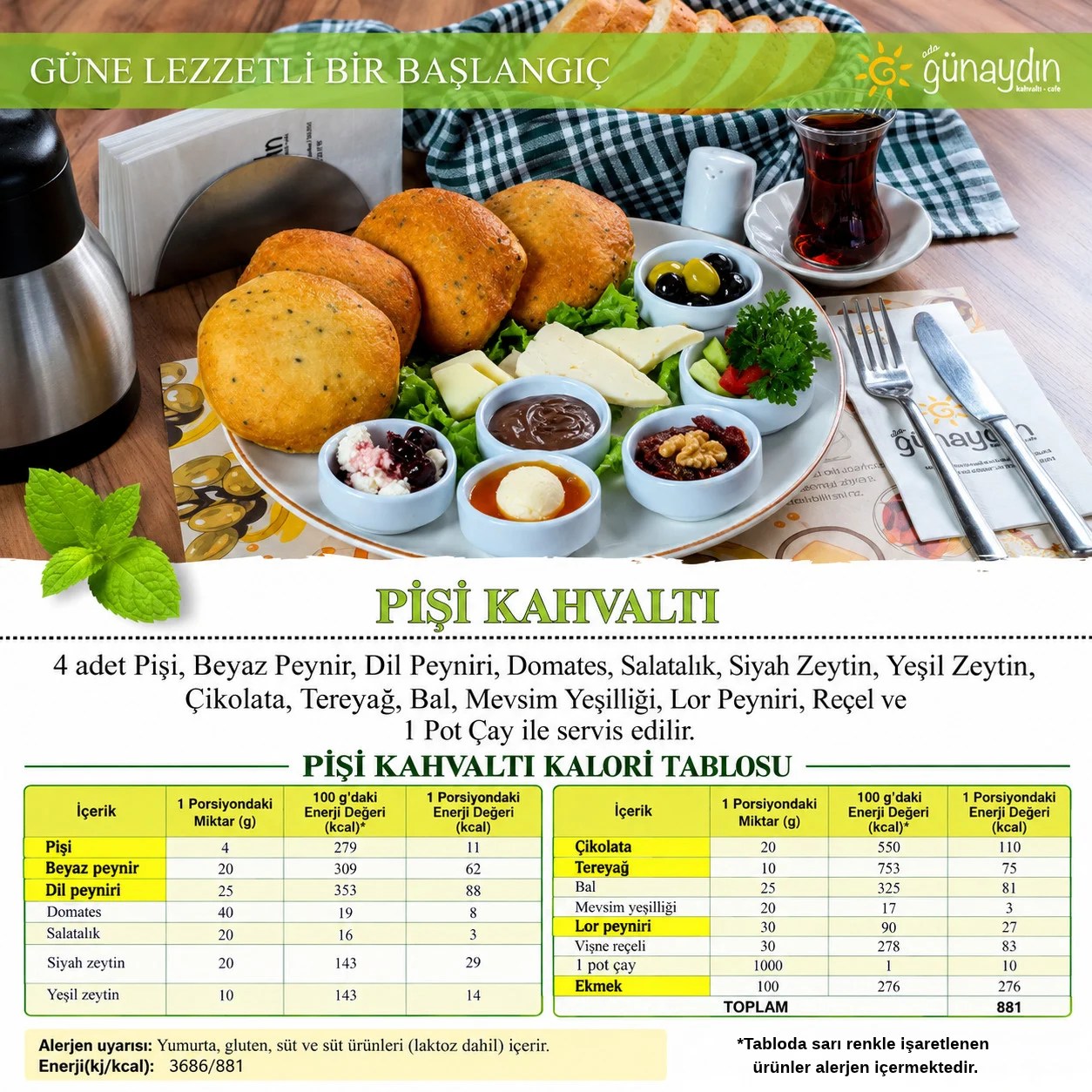 Pişi Kahvaltı içerik ve kalori tablosu